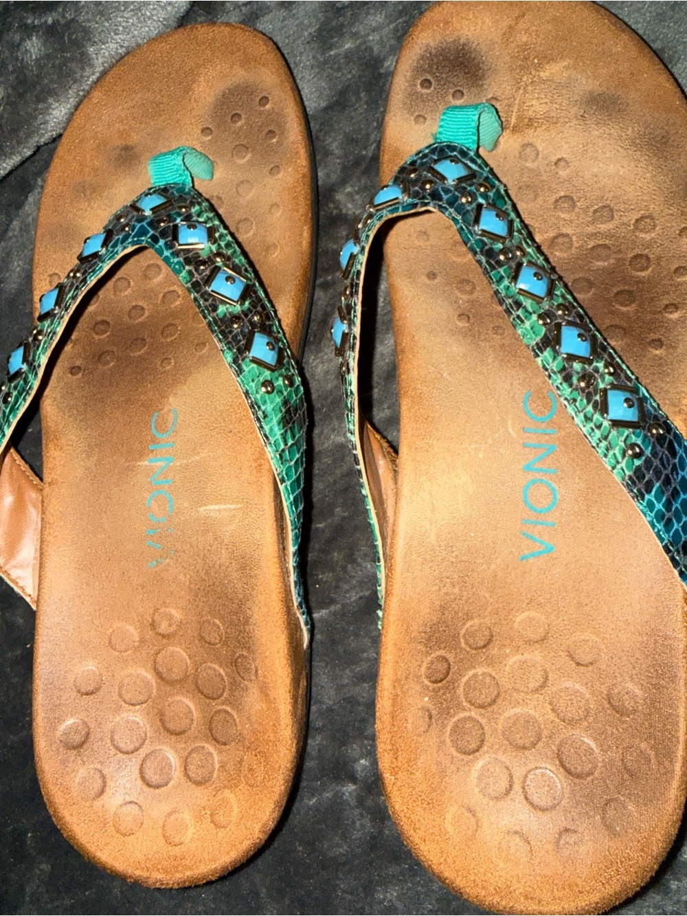 Vionic Teal Snake-Print Jeweled Thong Sandals